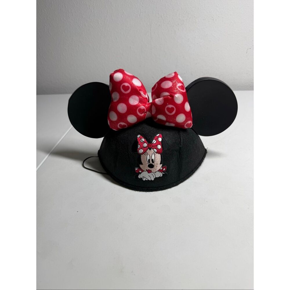 Disney Minnie Mouse Ears one size Black Mouseketeers Hat Red Polka Dot Bow Patch